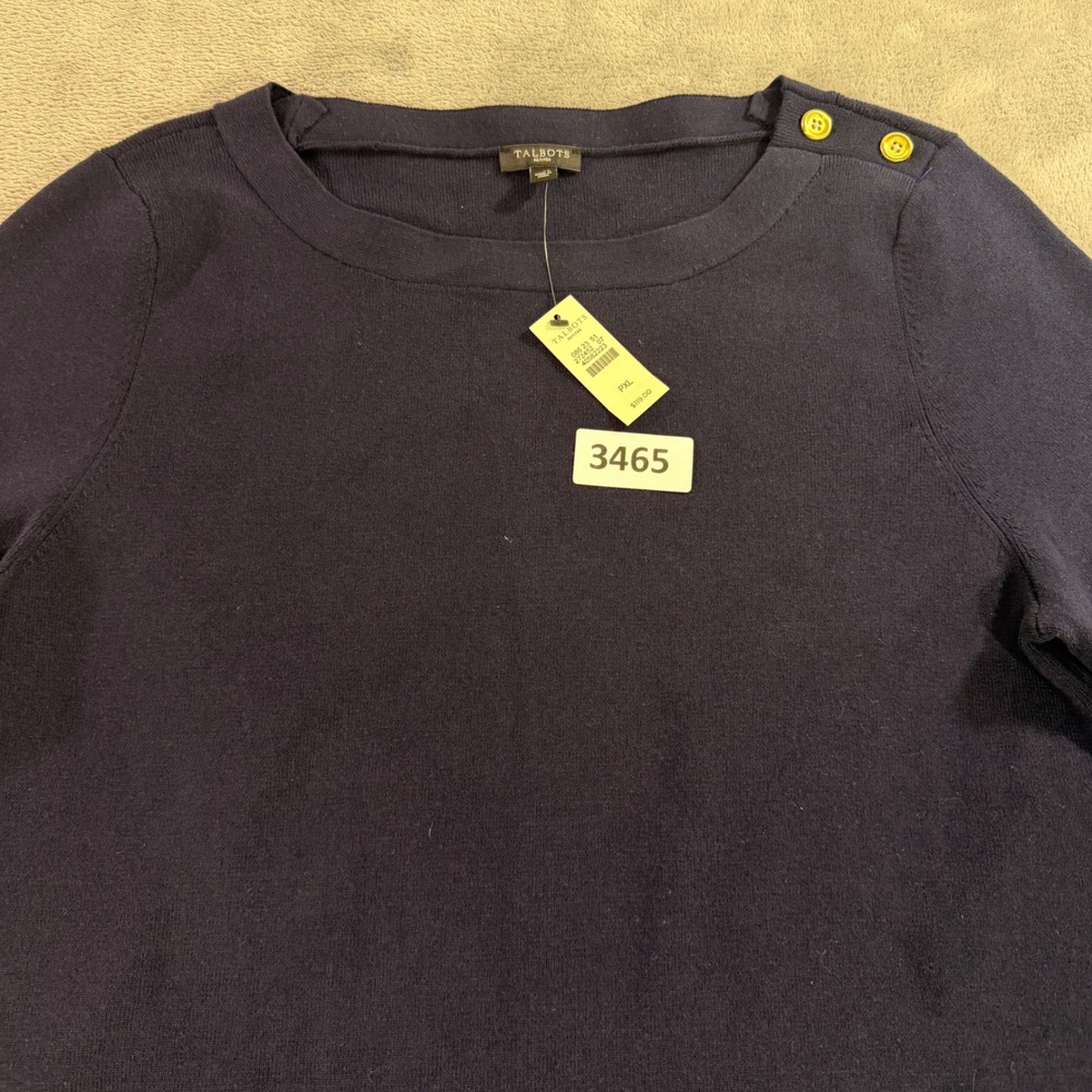 Talbots Sweater Dress Womens XLP Navy Blue Gold Button Shoulder CN2480
